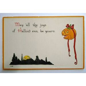 Halloween Postcard Bergman Yellow Moon Peeks Over City Goblin Lady Series 7035
